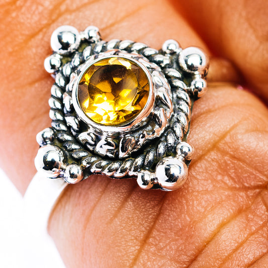 Round citrine yellow gemstone sterling silver filigree ring, bead border, size 6