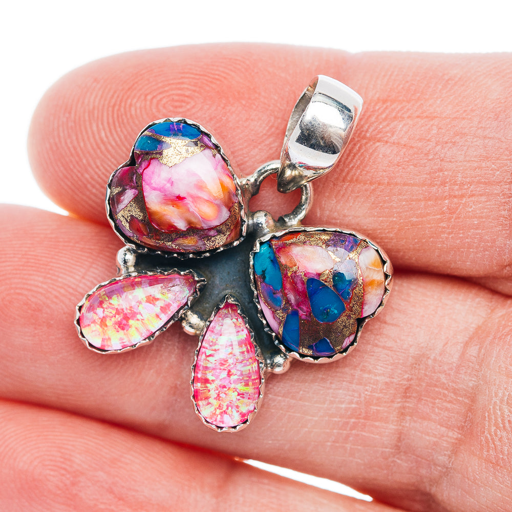 Premium Pink Dahlia Mohave Turquoise, Opal Butterfly Pendant 1 1/8" (.925 Sterling Silver)
