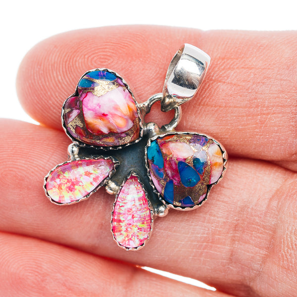 Premium Pink Dahlia Mohave Turquoise, Opal Butterfly Pendant 1 1/8" (.925 Sterling Silver)