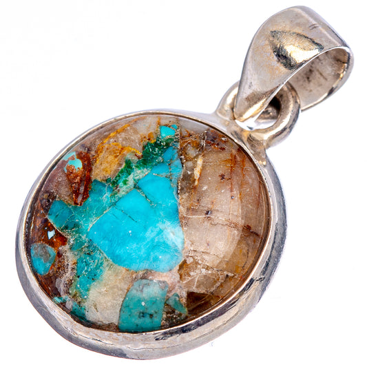 925 sterling silver turquoise matrix pendant, round bezel with blue-green stone and bail