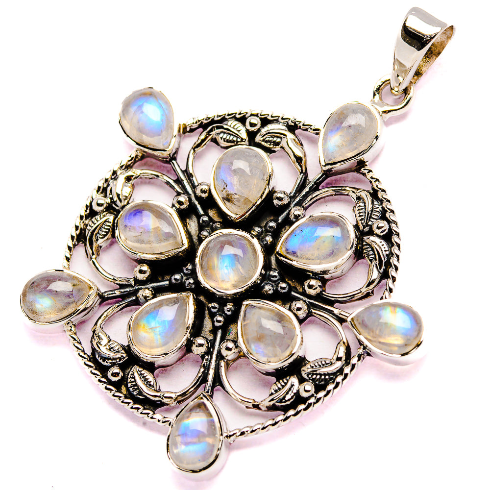 Rainbow moonstone pendant with 925 silver bail, round opal stones in filigree frame