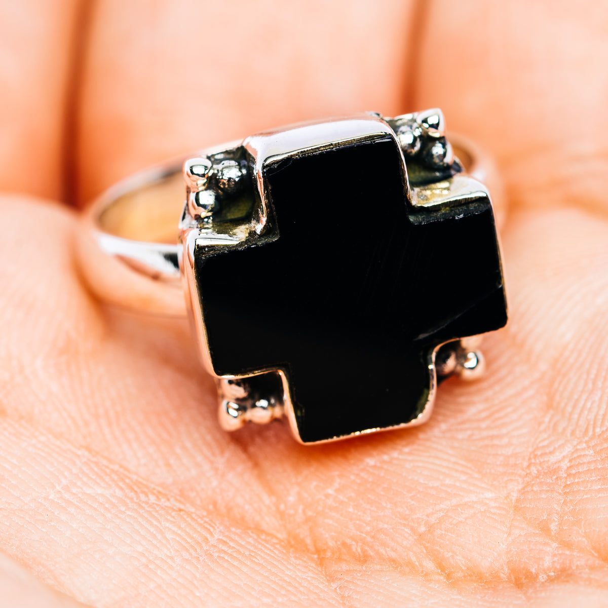 Southwestern Style Black Onyx Cross Ring Size 7.75 (.925 Sterling Silver)