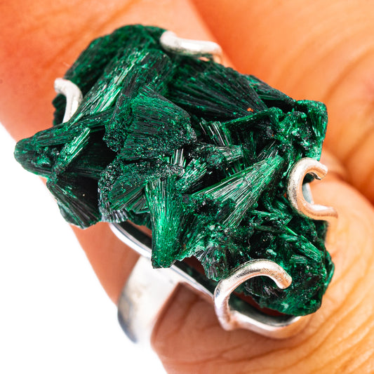 Raw malachite ring with green crystal cluster and open sterling silver band