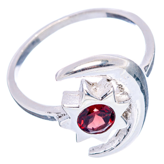 .925 sterling silver ring with red round garnet-style gemstone and crescent motif