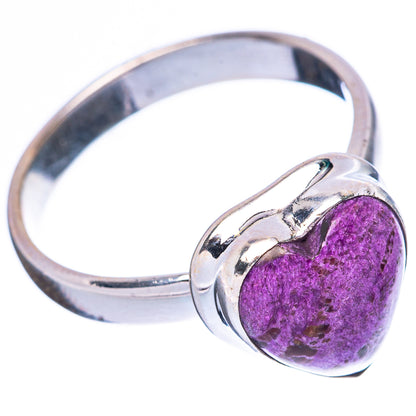 Heart-shaped stichtite sterling silver ring with purple stone, silver band, size 8