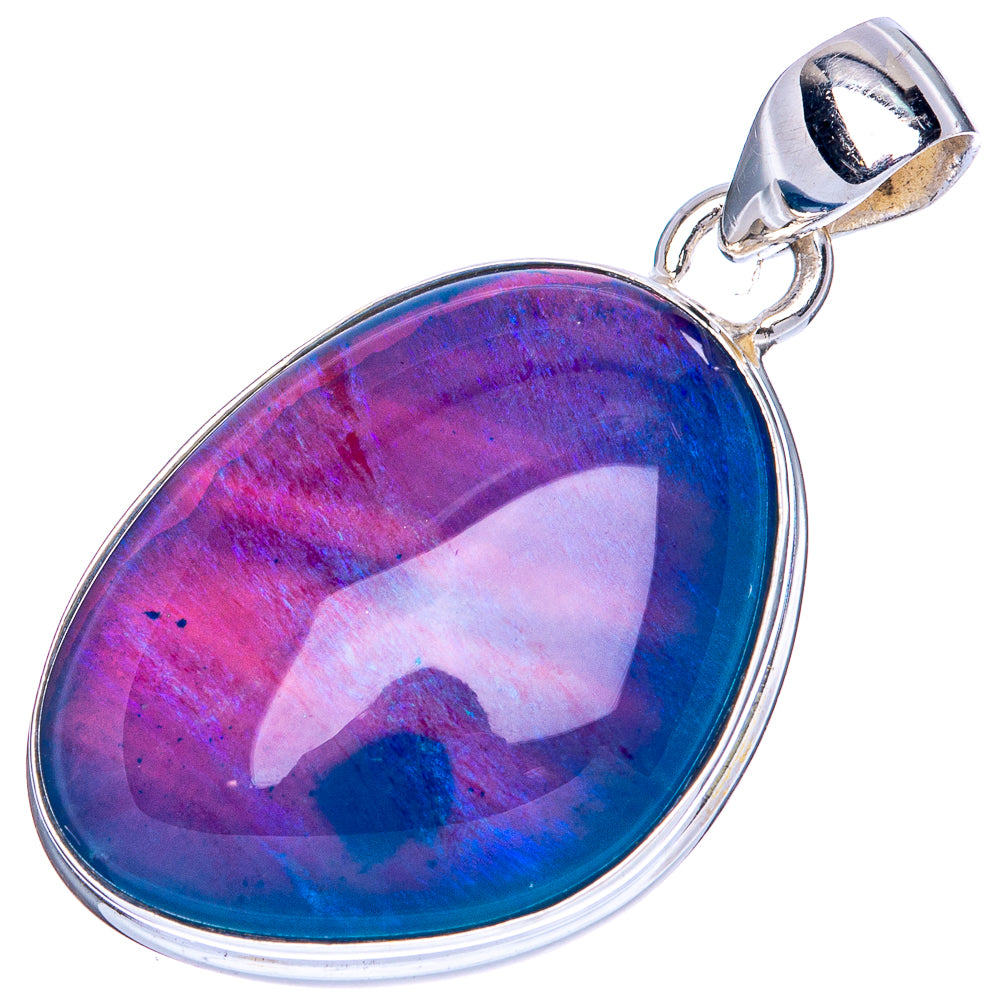 Oval iridescent opal pendant in 925 sterling silver bezel with loop bail