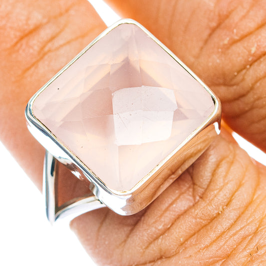 Square faceted rose quartz ring in .925 sterling silver, front view
