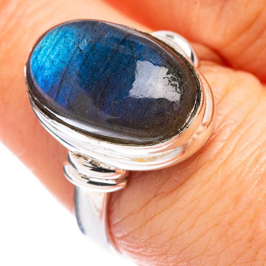 Oval labradorite sterling silver ring, blue flash, size 8