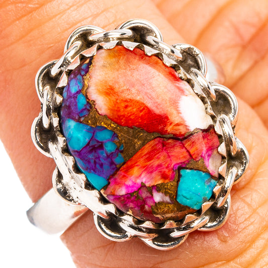 Sterling silver oval ring with colorful inlay stone bezel, blue turquoise, purple, red