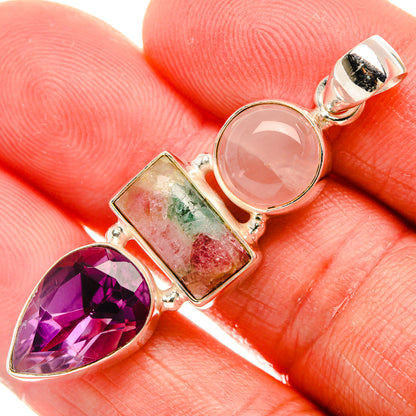 Natural Tourmaline, Rose Quartz, Amethyst Pendant 1 7/8" (925 Sterling Silver) PD38061