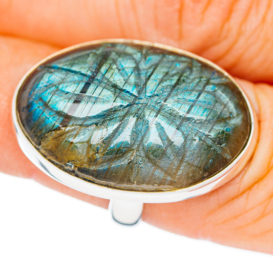 Premium Hand Carved Labradorite Ring Size 6.5 Adjustable (.925 Sterling Silver)