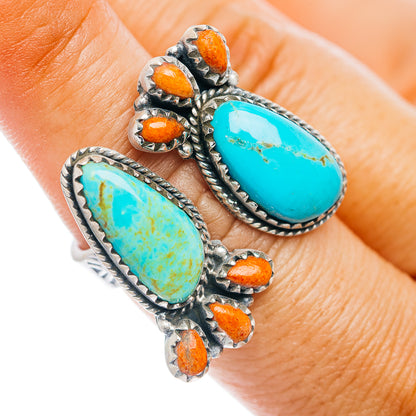 Exclusive Southwestern Style Kingman Turquoise, Sponge Coral Ring Size 7 Adjustable (.925 Sterling Silver)