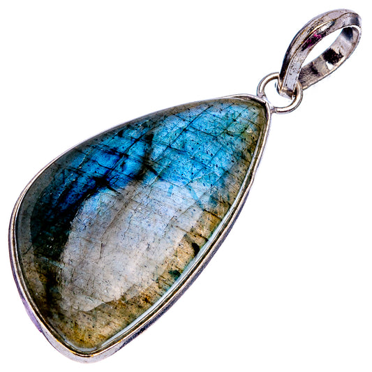 Silver-plated labradorite pendant, teardrop stone with blue and gray flashes, silver bail