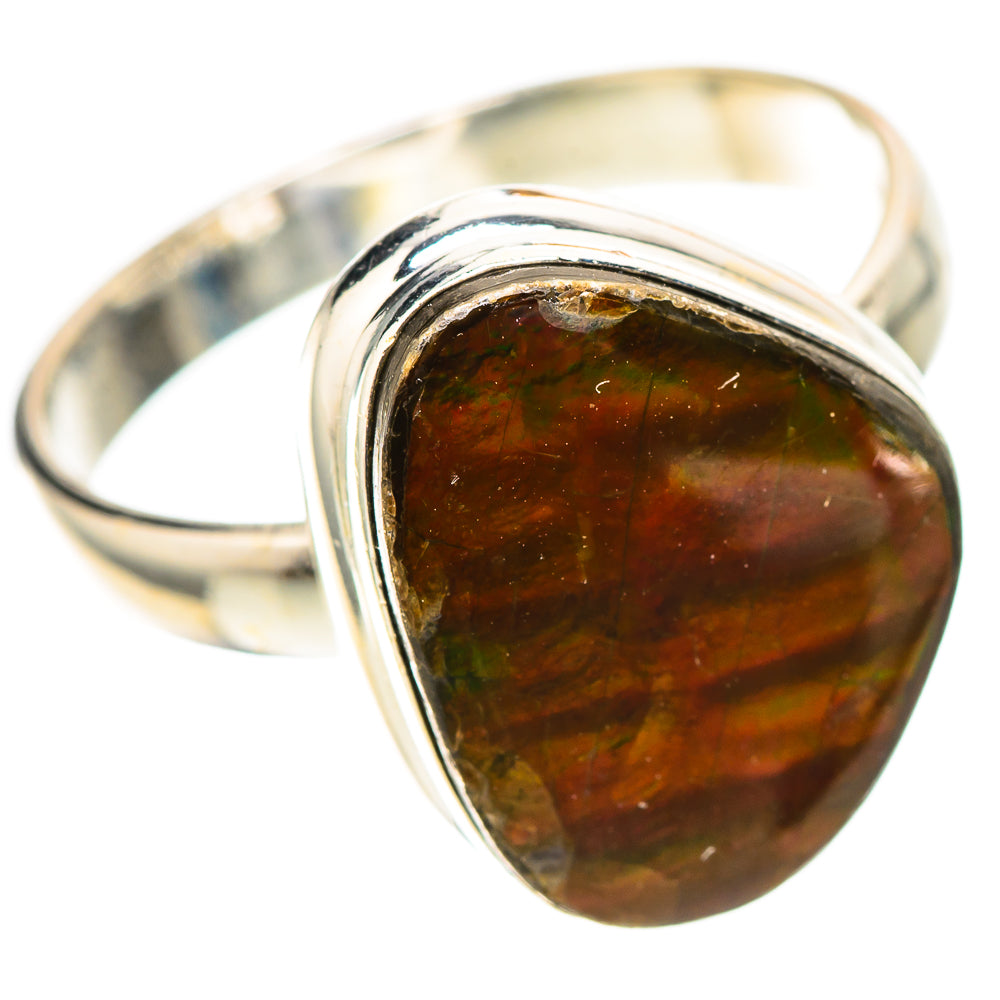 Sterling silver ammolite ring with teardrop brown-red stone and glossy bezel