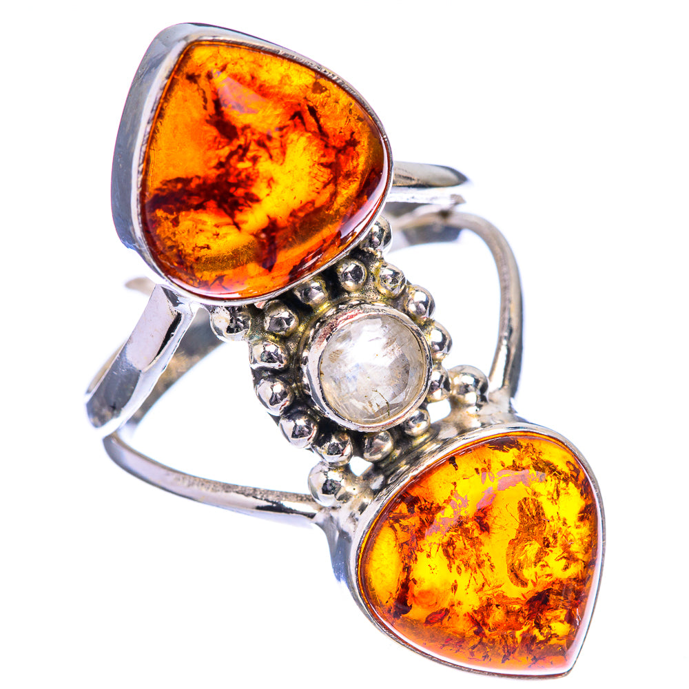 Large Baltic Amber, Rainbow Moonstone Ring Size 9.75 (925 Sterling Silver) R142723