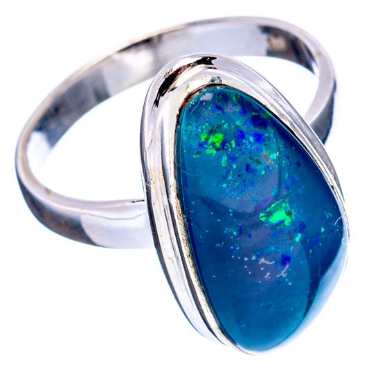 Sterling silver opal ring, oval blue opal cabochon with split-edge setting