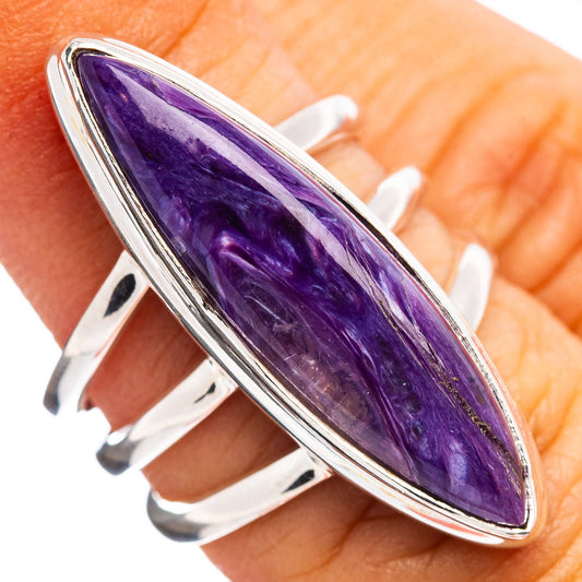 Marquise charoite cabochon ring in polished sterling silver bezel, purple gemstone