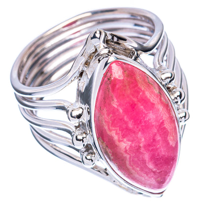 Pink rhodochrosite cabochon in ornate 925 sterling silver ring band, side view