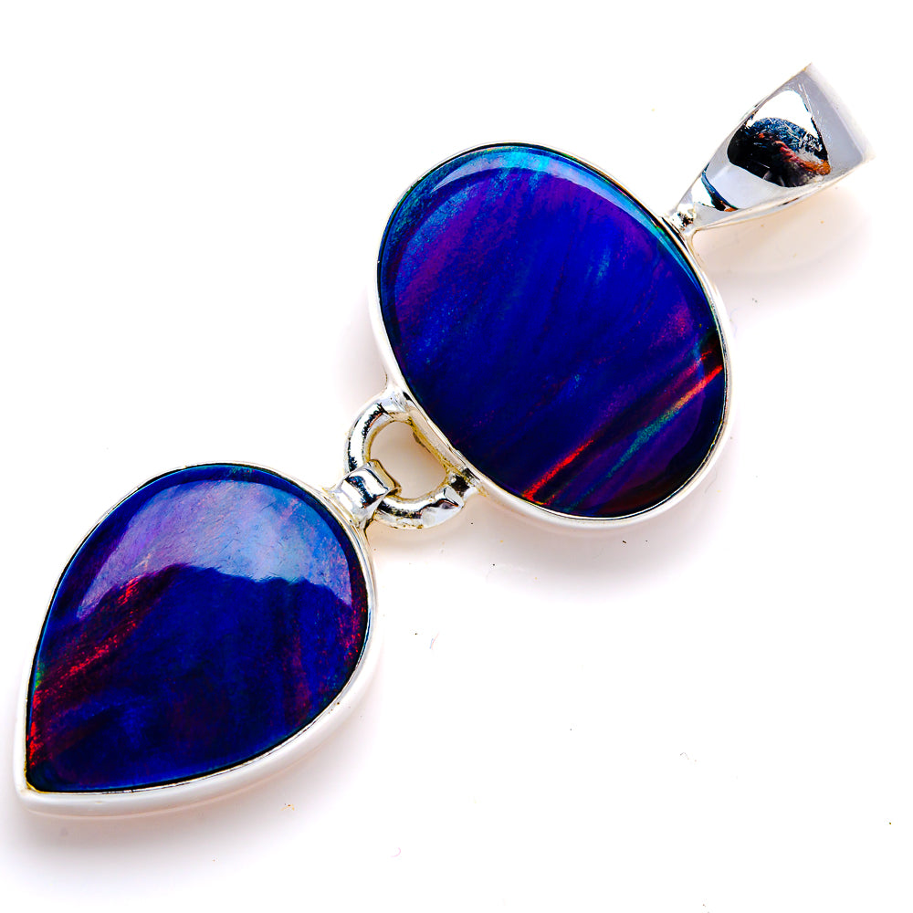 Sterling silver opal heart pendant with top bail, two linked hearts in iridescent blue/purple