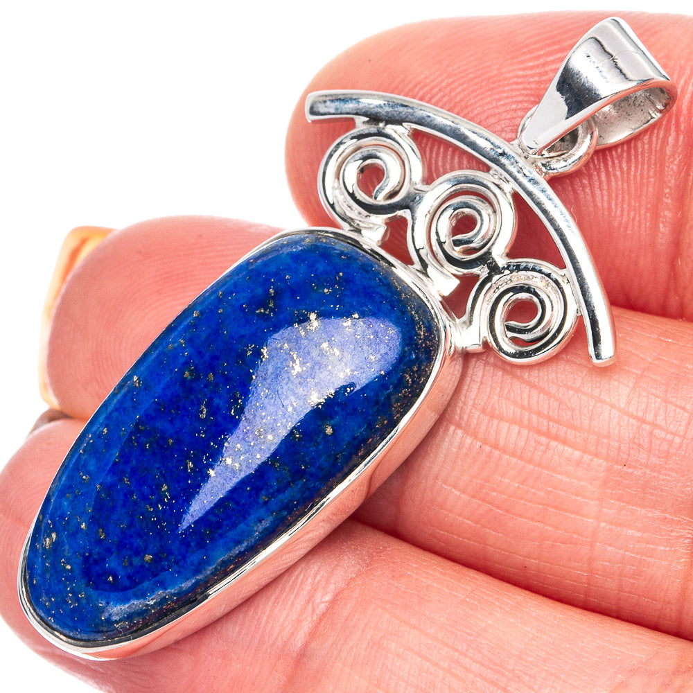 Lapis lazuli oval pendant bezel with silver scrollwork, 925 sterling silver