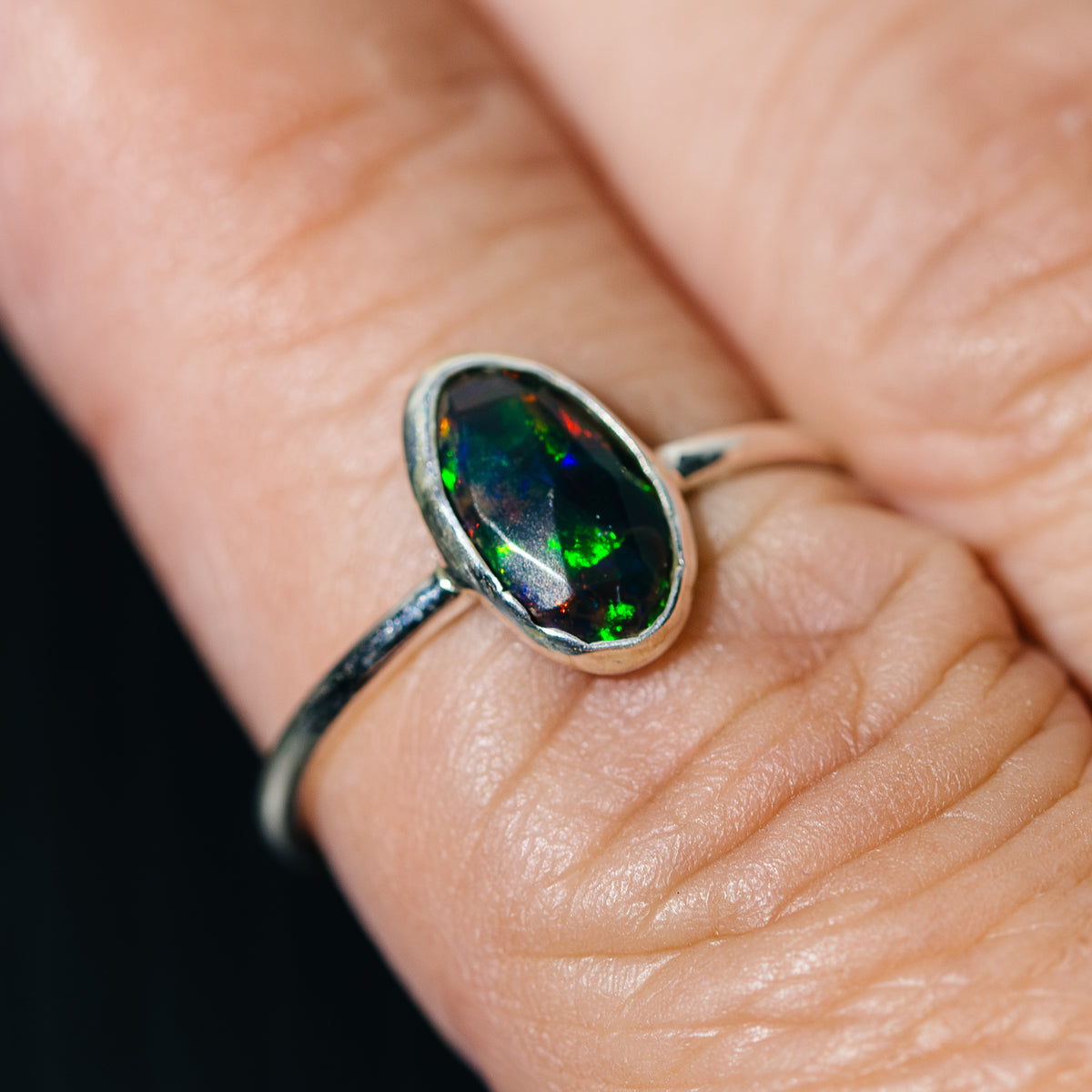 Black Ethiopian Opal Dainty Ring Size 6.75 (.925 Sterling Silver)