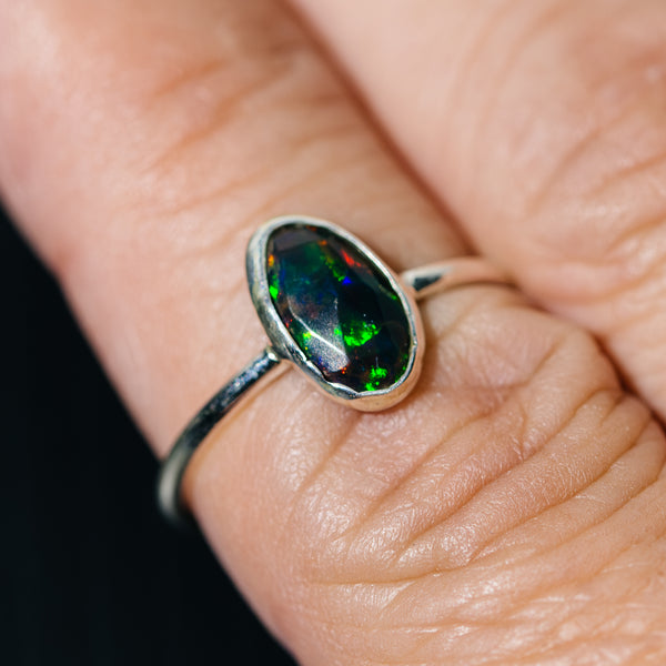 Black Ethiopian Opal Dainty Ring Size 6.75 (.925 Sterling Silver)