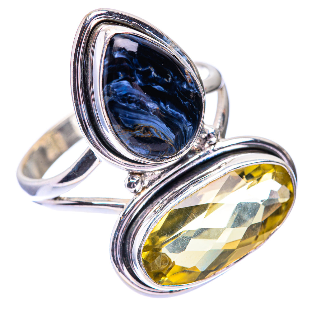 Oval lemon quartz and blue pietersite set in sterling silver stacking ring, open bezel