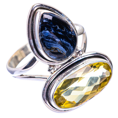 Oval lemon quartz and blue pietersite set in sterling silver stacking ring, open bezel