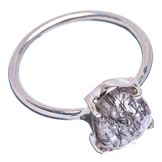 Sterling silver ring with faceted quartz and black tourmaline needle details