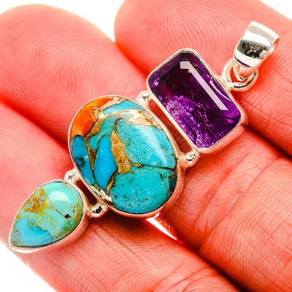 Blue Copper Composite Turquoise, Amethyst Pendant 2" (925 Sterling Silver) PD38046
