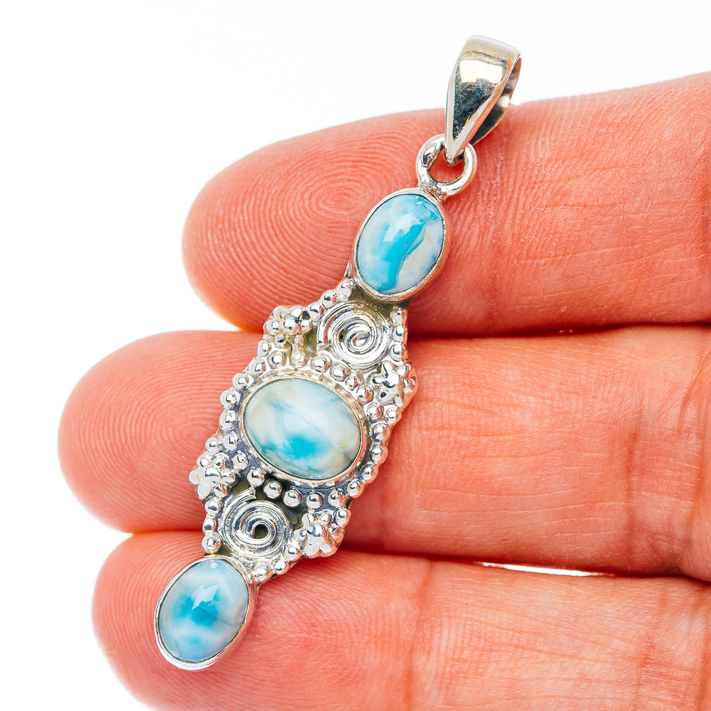 Larimar pendant in .925 sterling silver with blue oval stones and ornate filigree bezel