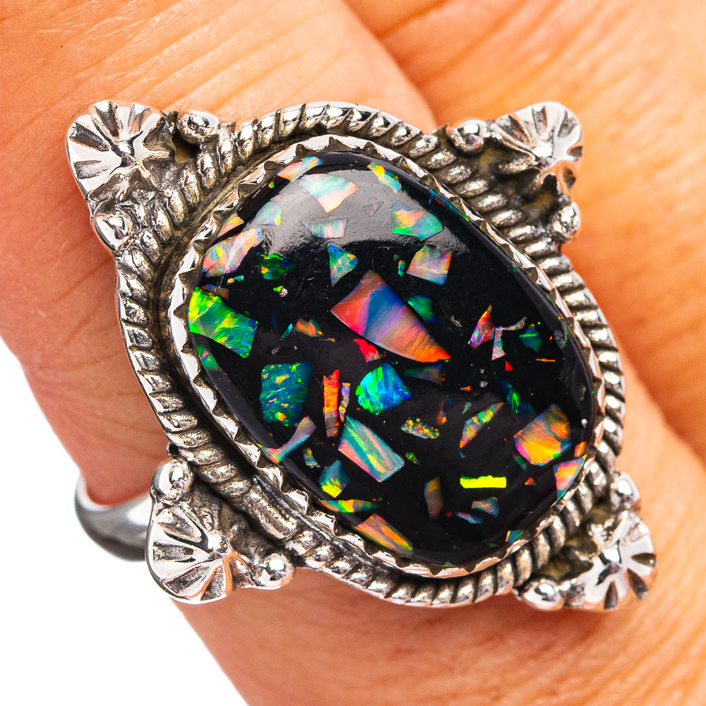 Southwestern Style Mosaic Opal Ring Size 9 Adjustable (.925 Sterling Silver)