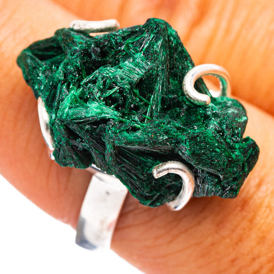 Raw malachite and sterling silver ring with dark green crystal stone, open-set