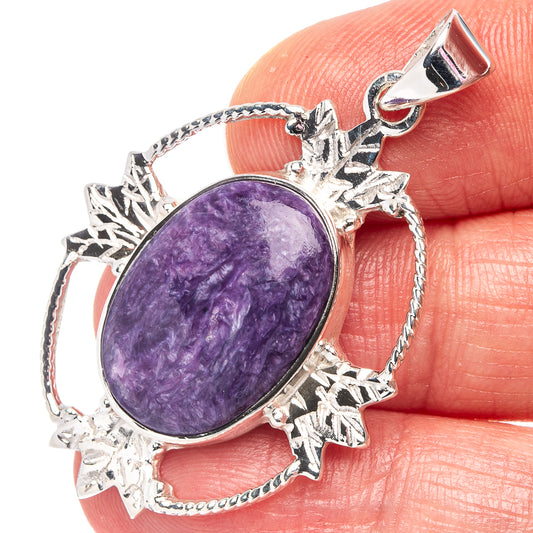 Oval purple lepidolite pendant in .925 sterling silver, ornate prong bezel
