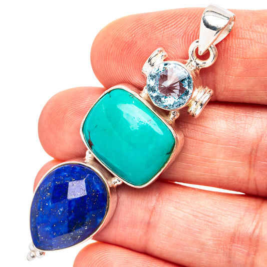Sterling silver pendant with oval turquoise, lapis lazuli, and blue topaz stones