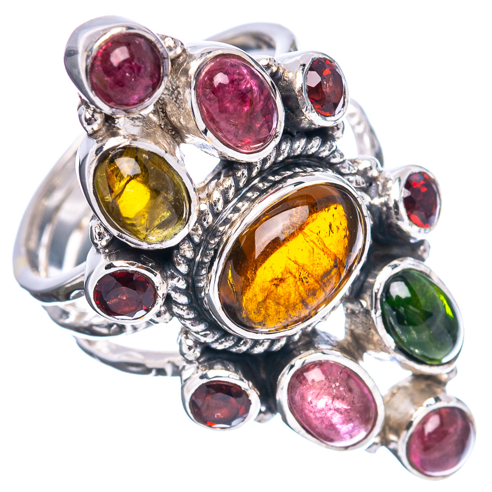 Sterling silver multi-color tourmaline ring with yellow, pink, and red ovals plus green stone