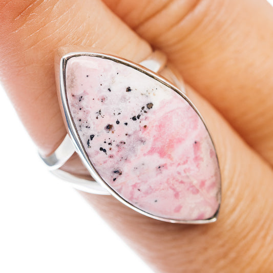 Sterling silver rhodonite oval cabochon ring, size 7.5, pink stone with black speckles