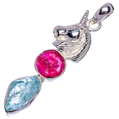 Raw Aquamarine, Ruby Unicorn Pendant 2" (925 Sterling Silver) P40224