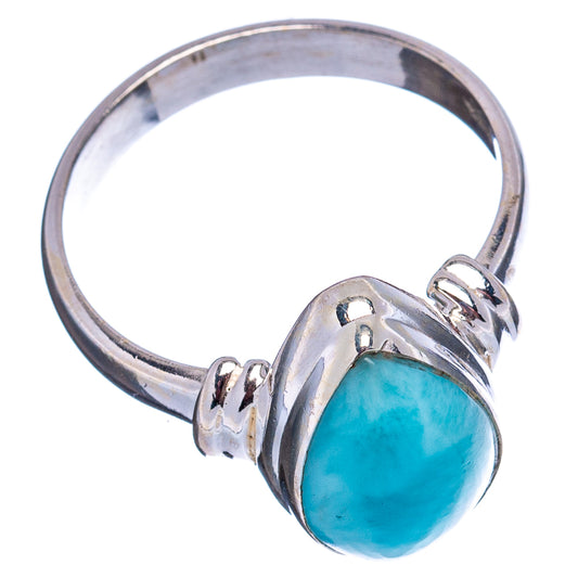 Sterling silver larimar ring with oval turquoise cabochon and scalloped band details