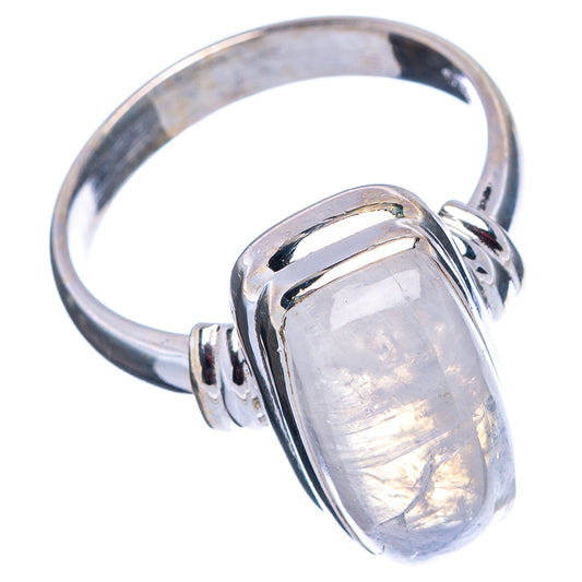 Sterling silver moonstone ring with prong-set rectangular iridescent white stone