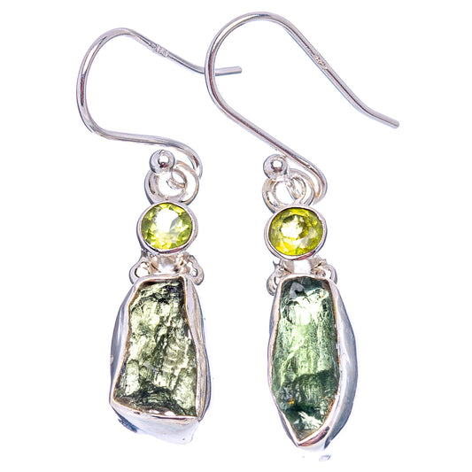 Sterling silver dangle earrings with green moldavite teardrop stones and round green caps