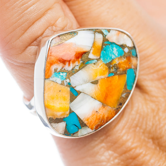 Sterling silver ring with spiny oyster mosaic and turquoise inlay, oval bezel