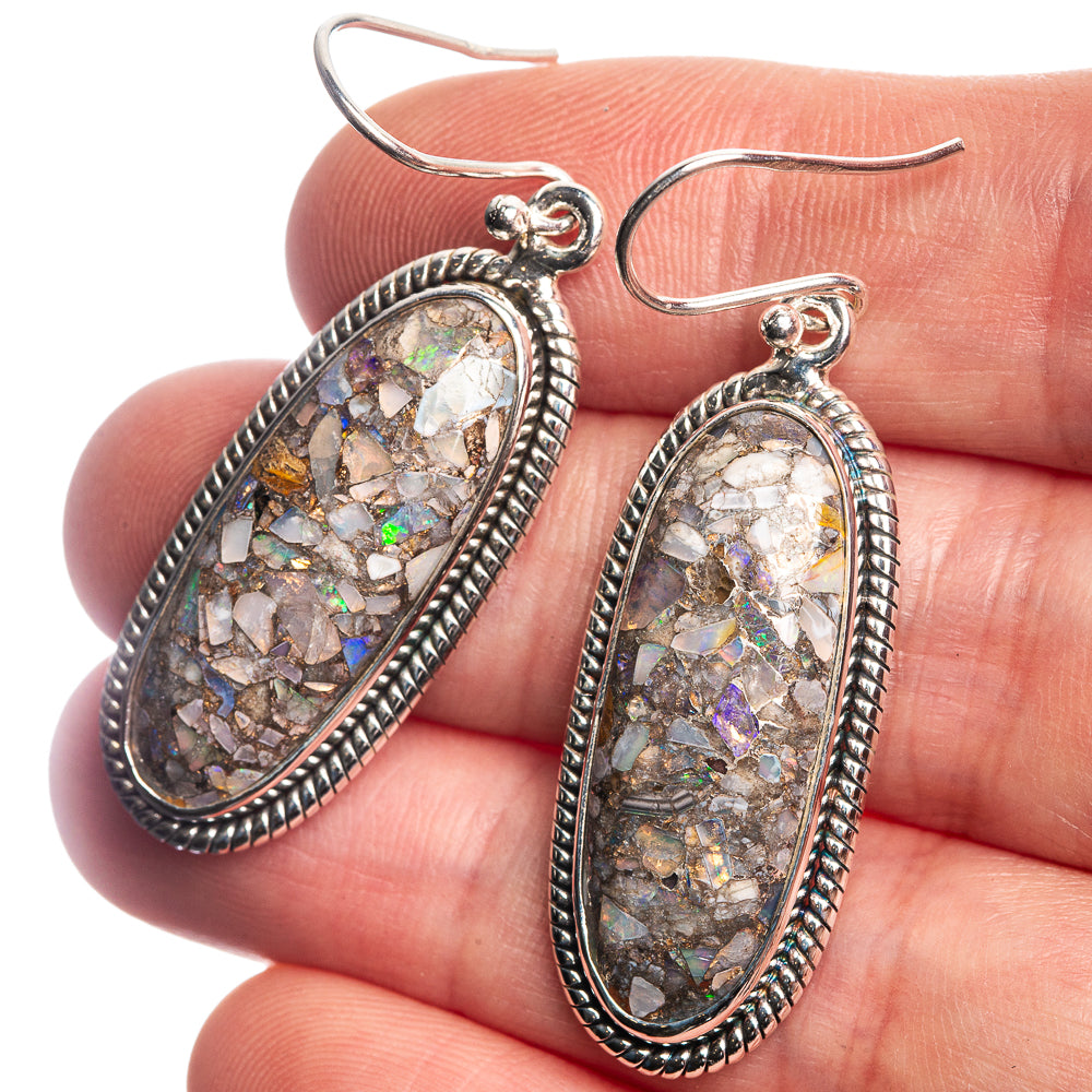 Sterling silver oval opal drop earrings with multicolor iridescent stone bezel and hook