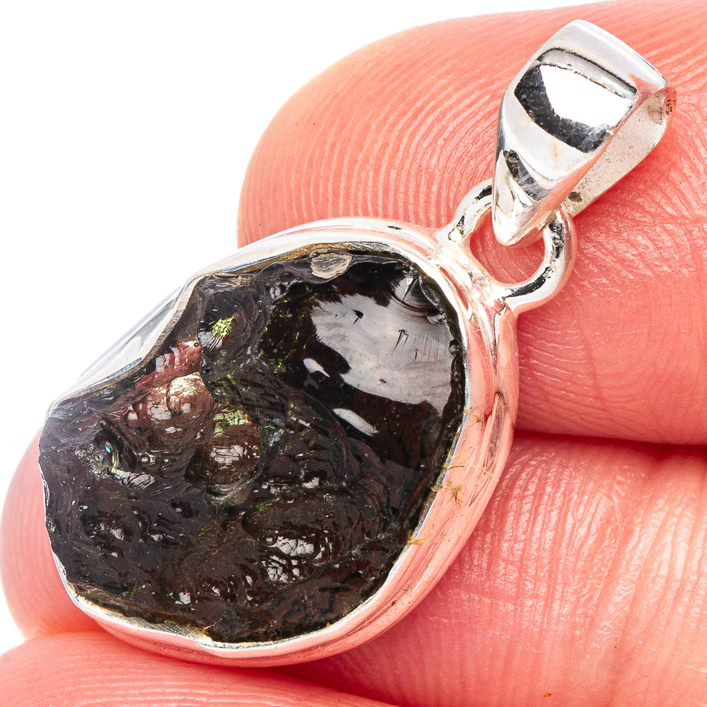 Rare moldavite pendant, teardrop dark green-black stone in polished 925 sterling silver.