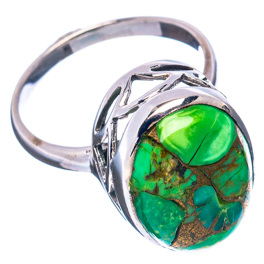 Sterling silver ring, size 7.75, oval green turquoise cabochon with copper veining