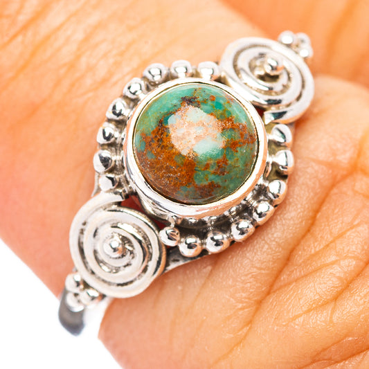 Dainty turquoise cabochon ring in .925 sterling silver, ornate side scrolls