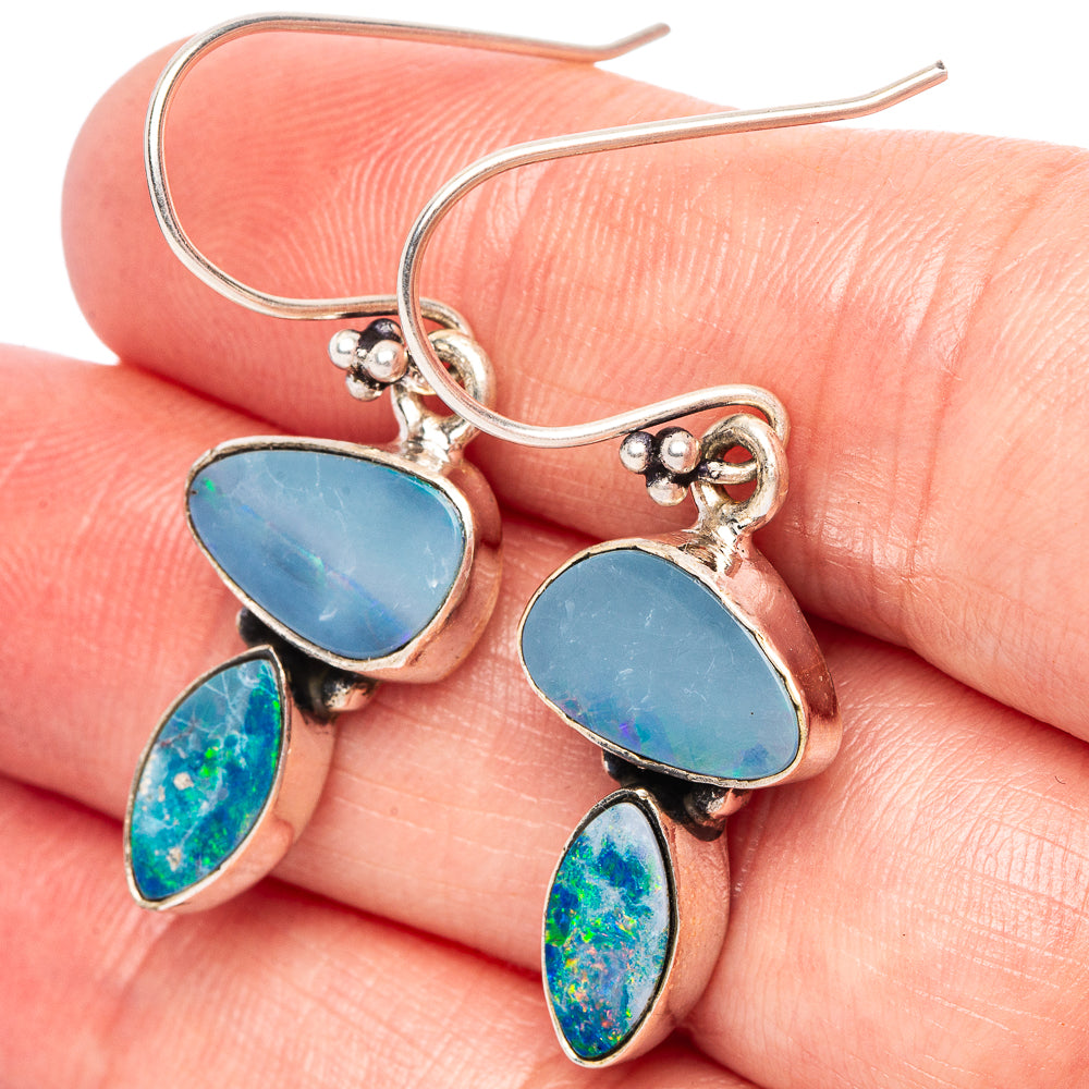 Sterling silver opal doublet earrings with three blue teardrop stones, lever backs
