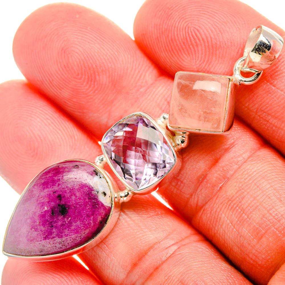 Sterling silver gemstone pendant with rose quartz square and oval purple amethyst stones
