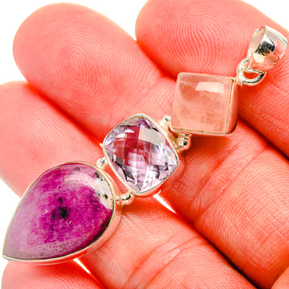 Sterling silver gemstone pendant with rose quartz square and oval purple amethyst stones