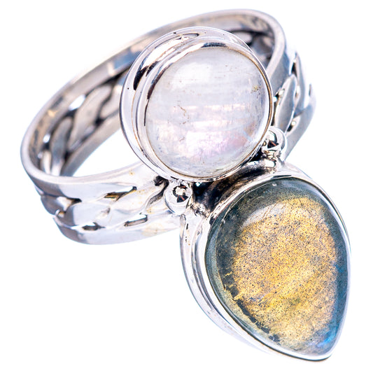 Sterling silver ring with round rainbow moonstone and yellow-gold iridescent labradorite